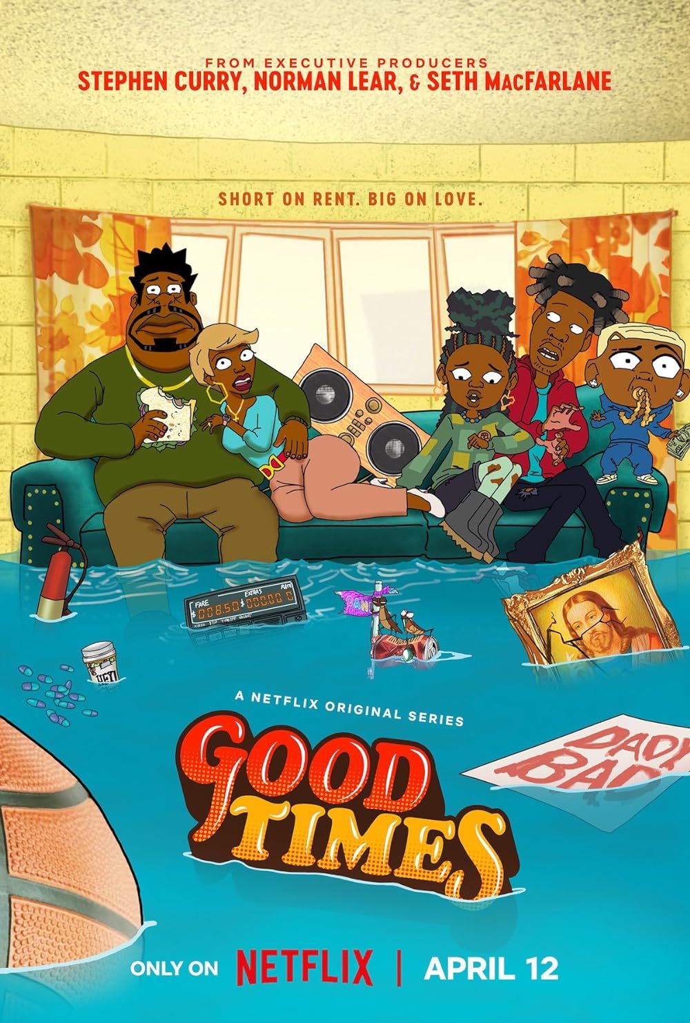 Pôster da série animada Good Times mostrando uma família sentada em um sofá em uma casa inundada