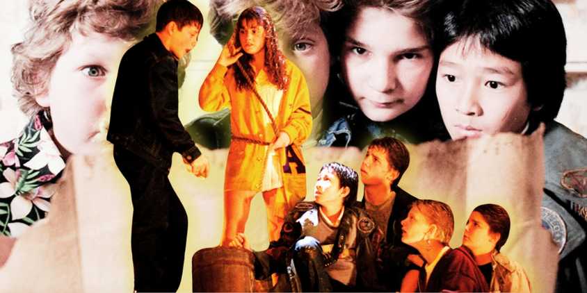A composite image features Goonies characters looking at the map in the background with Mikey giving his speech in the well in the foreground