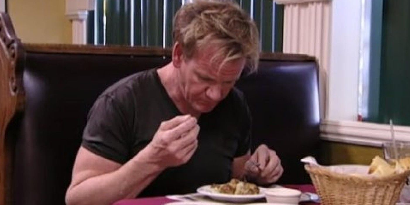 Gordon Ramsay looking disappointed in the food at casa roma kitchen nightmares