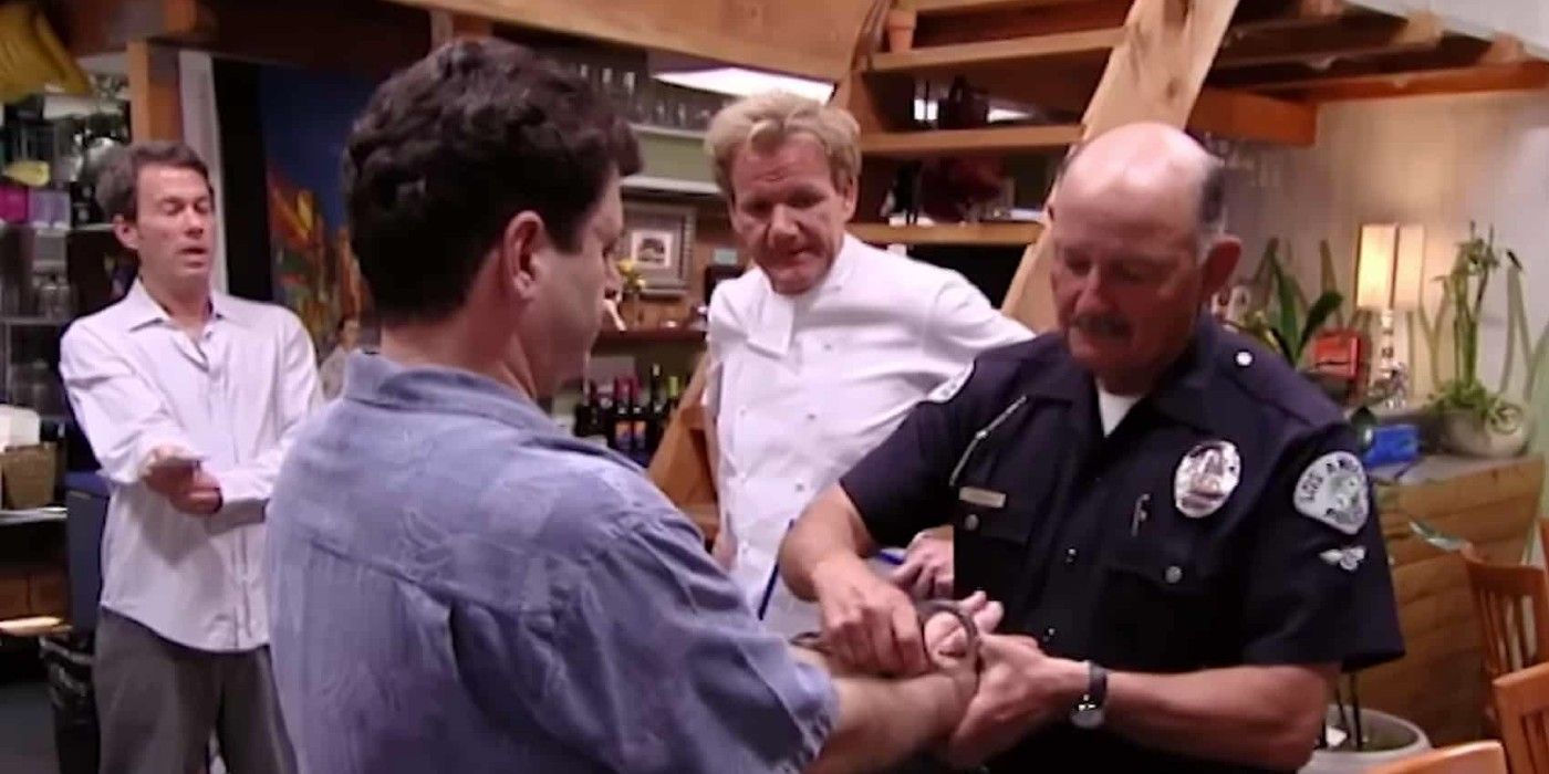 Gordon Ramsay looks on as someone gets handcuffed sante le brea kitchen nightmares