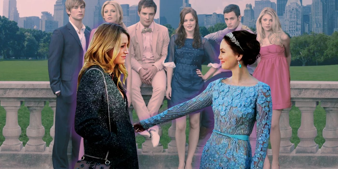 A image of Blake Lively as Serena and Leighton Meester as Blair in the series finale of Gossip Girl over an image of the season one main cast