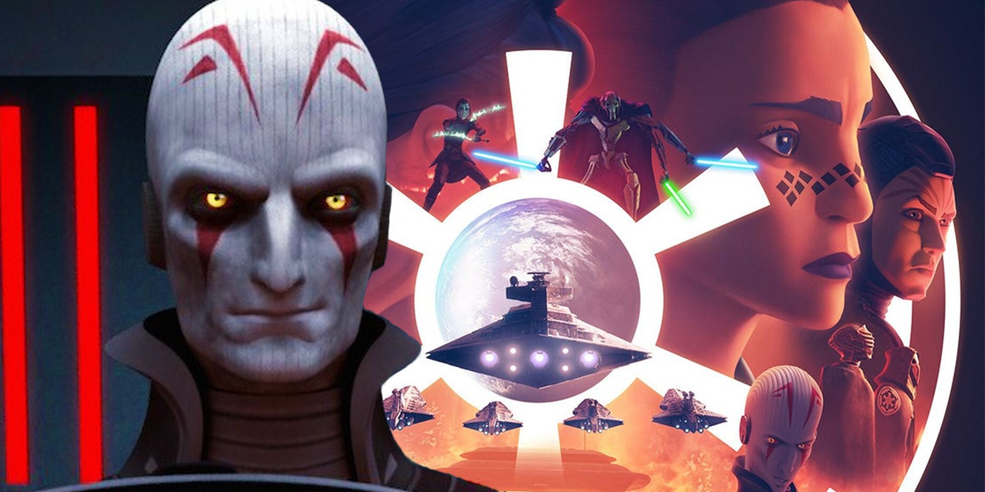 The Grand Inquisitor smirking in Star Wars Rebels next to the poster for Tales of the Empire