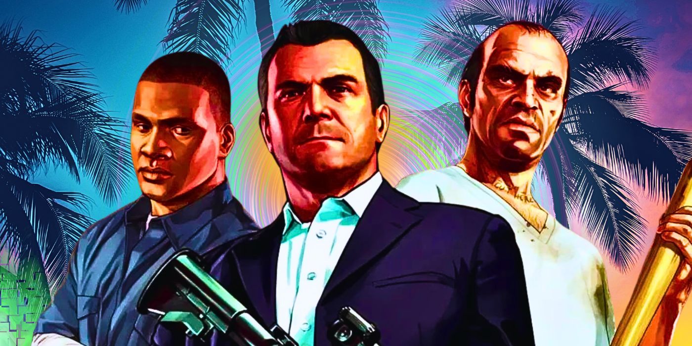 Grand Theft Auto 5'S Franklin, Michael, and Trevor next to each other with palm trees in the background.