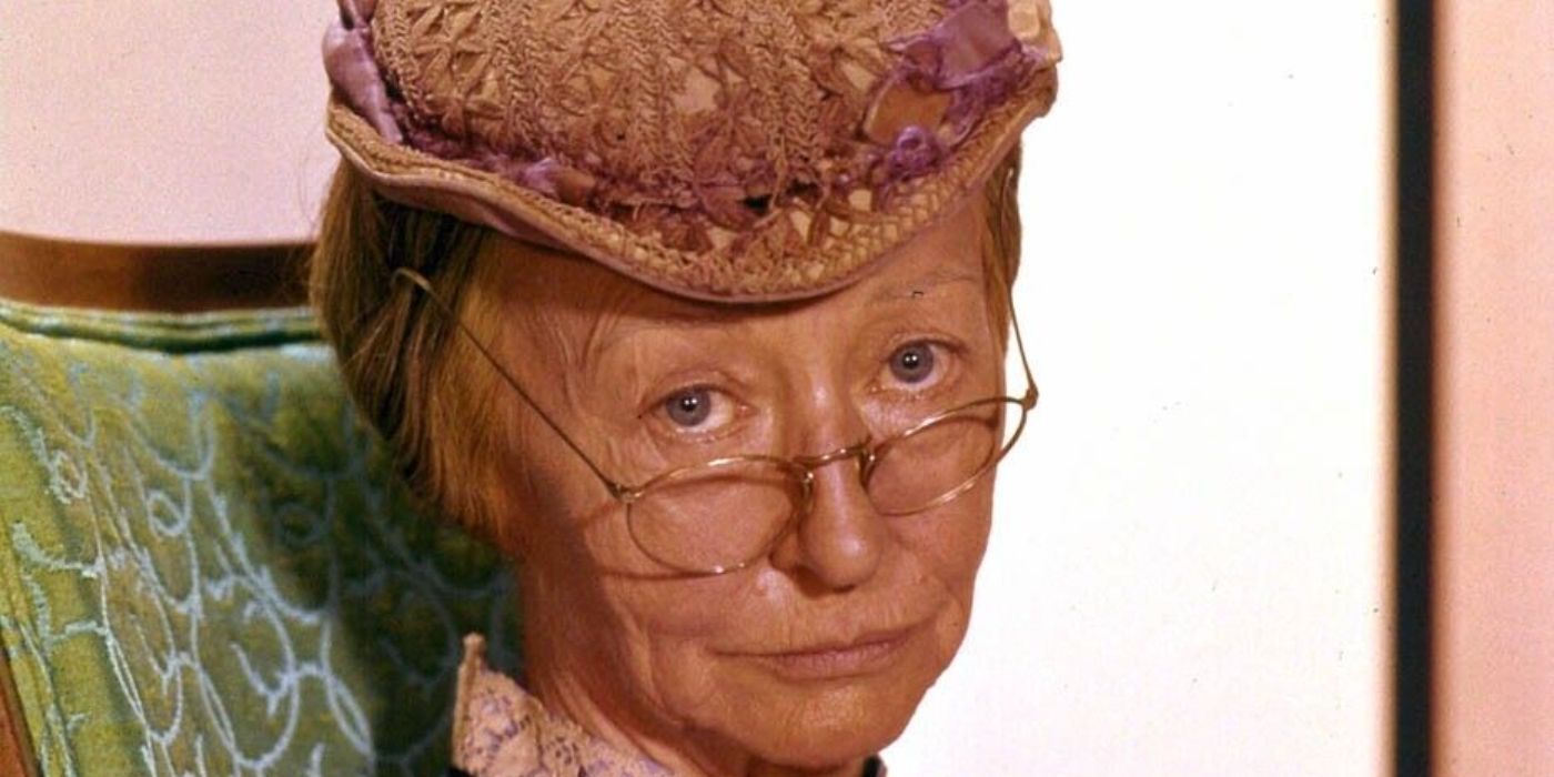 Granny (Irene Ryan) looking down her glasses at someone in The Beverly Hillbillies.
