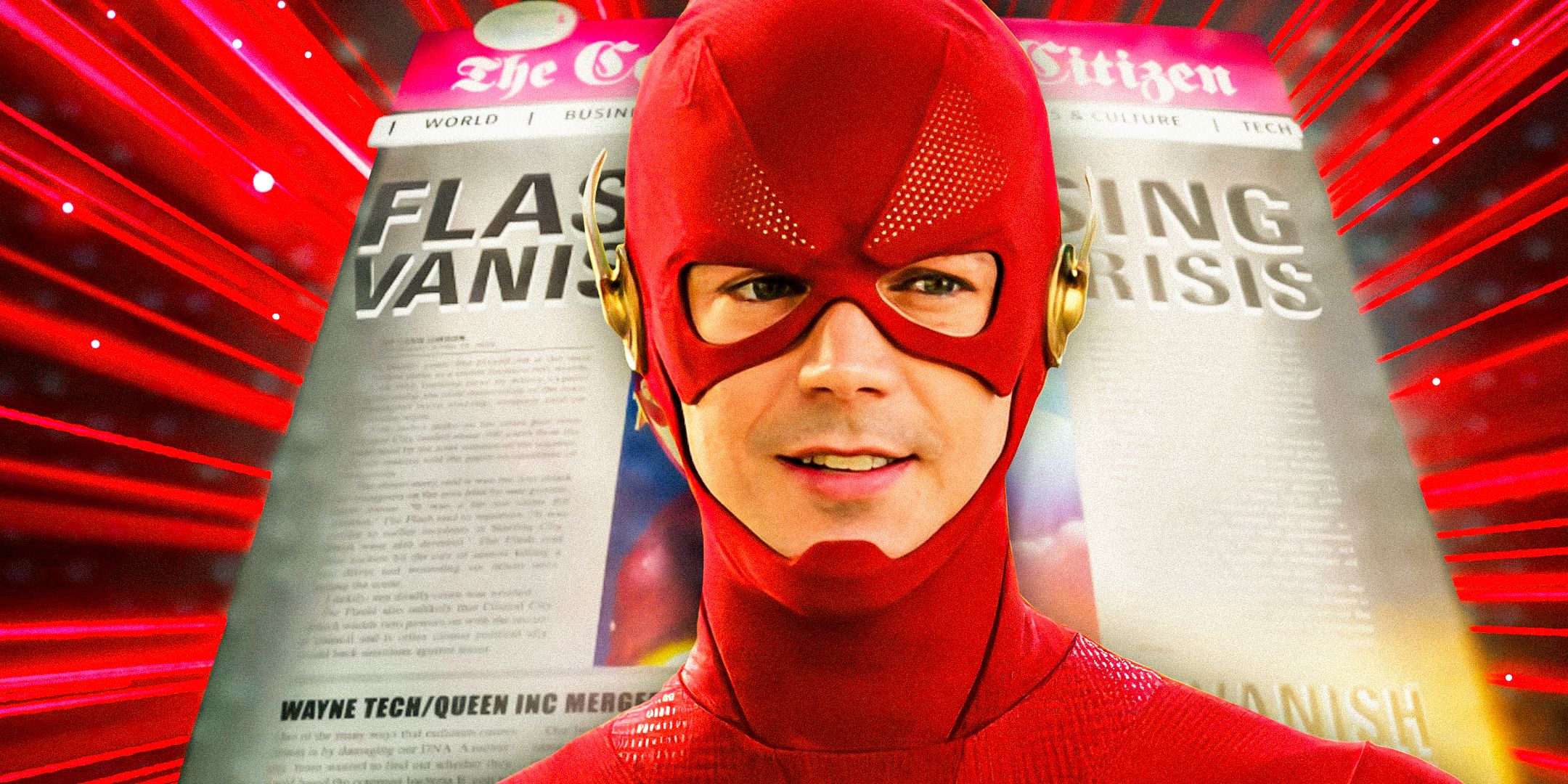 Grant Gustin As The Flash In Front Of Newspaper Headline About The Flash Vanishing In Crisis