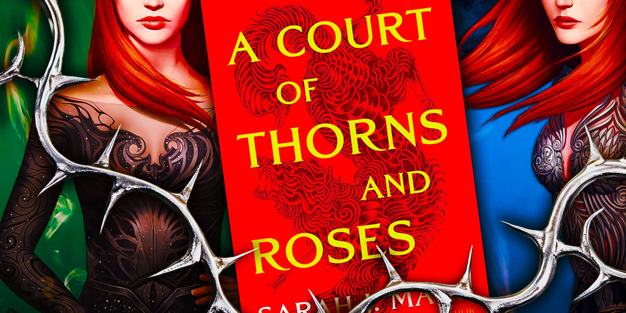 A collage of Feyre Archeron and the cover of A Court of Thorns and Roses