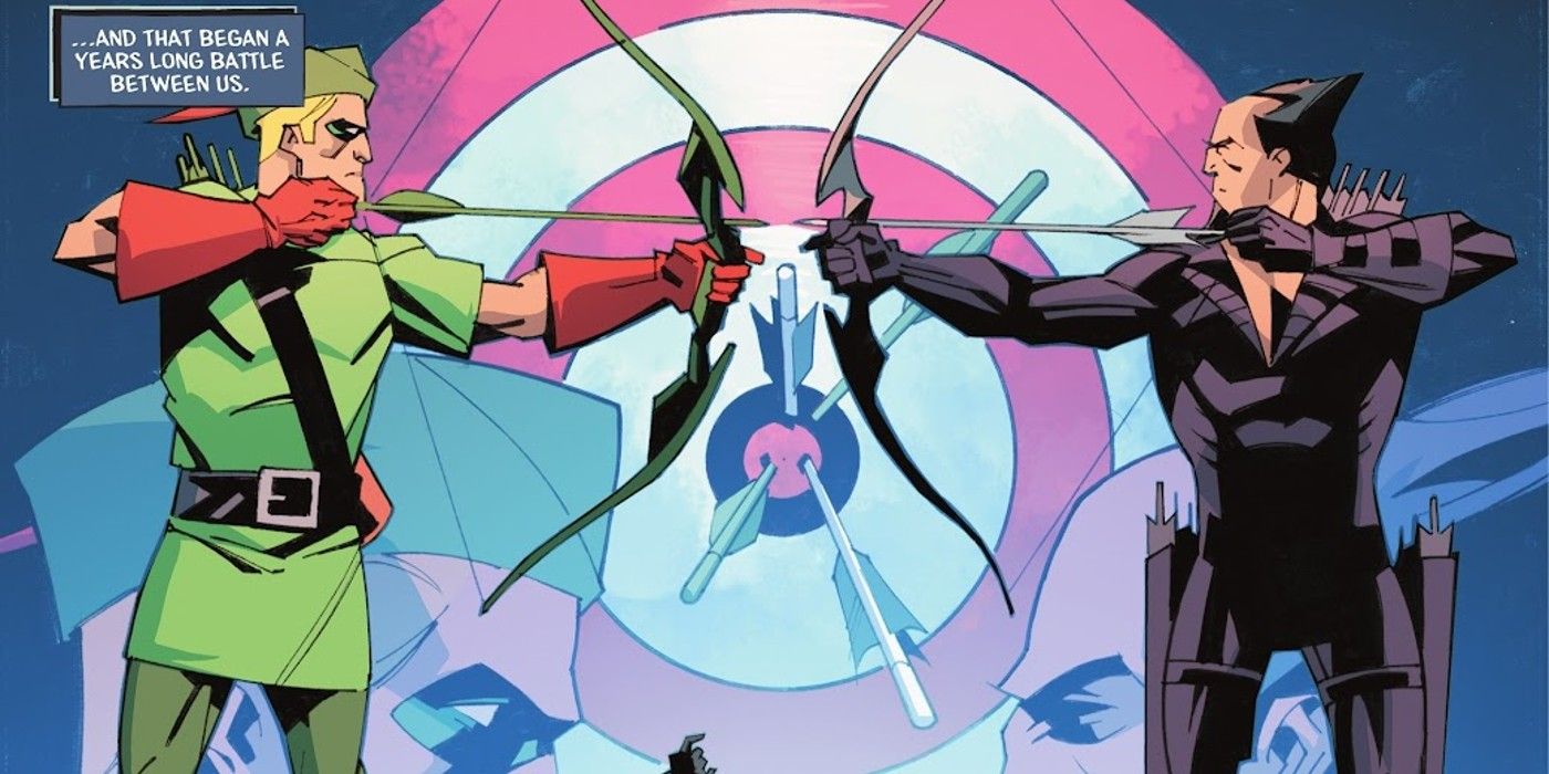 Painel de quadrinhos: Arqueiro Verde e Malcolm Merlyn apontam arcos e flechas um para o outro na frente de um alvo.