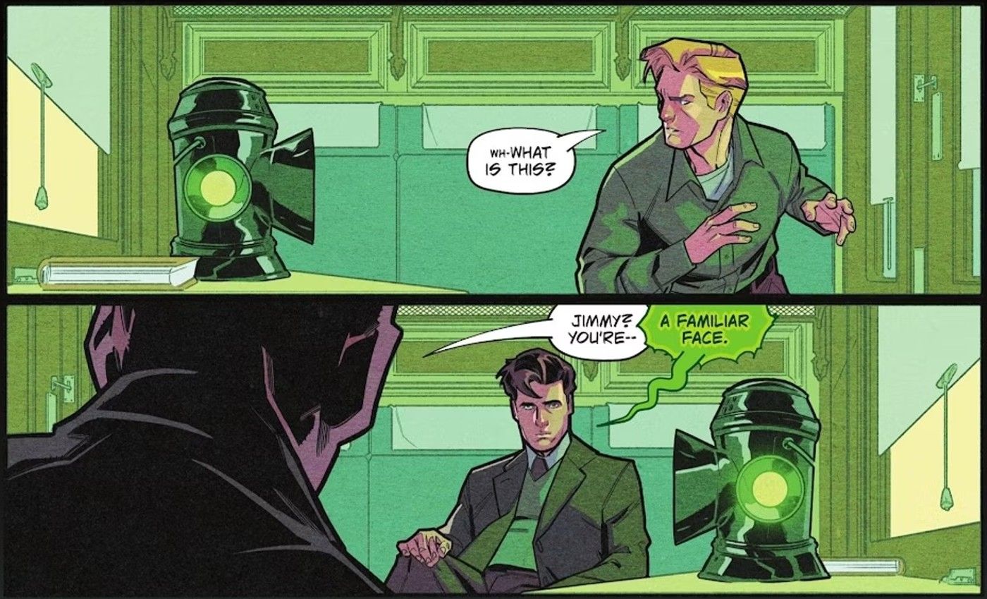 Painéis de quadrinhos: O Lanterna Verde Alan Scott encontra a Chama Esmeralda manifestada como um velho amigo.