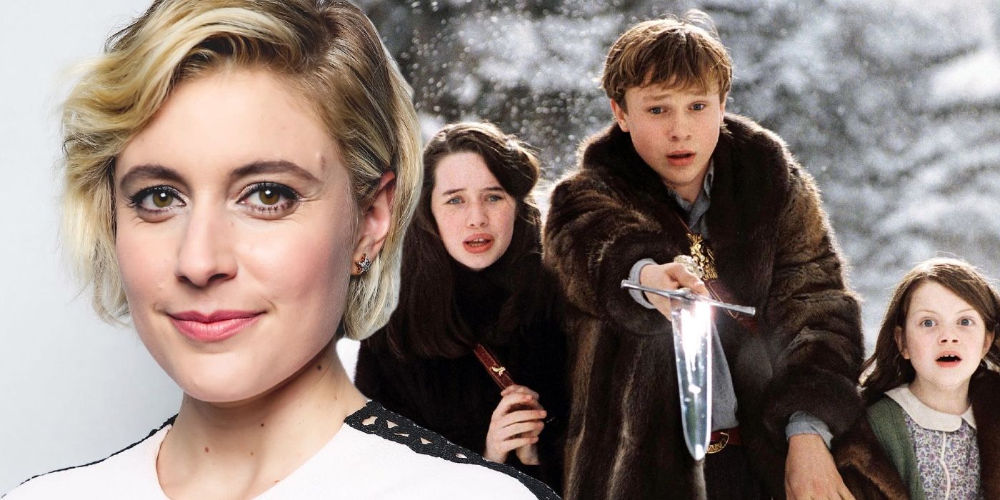 A composite image of Greta Gerwig in front of a white background with the Pevensie children from The Chronicles of Narnia pointing a sword at something offscreen