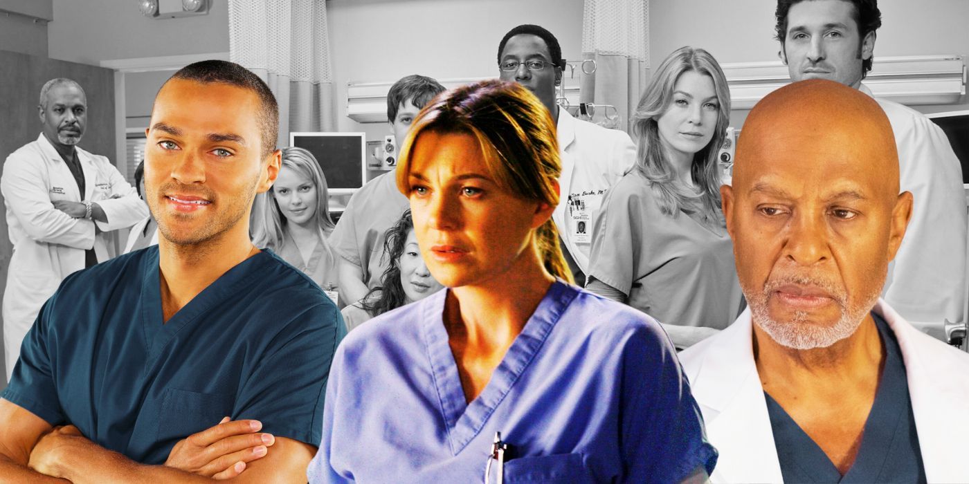 A custom image features Grey's Anatomy characters Jackson Avery, Meredith Grey, and Richard Webber in color over a black and white image of the Season 1 cast