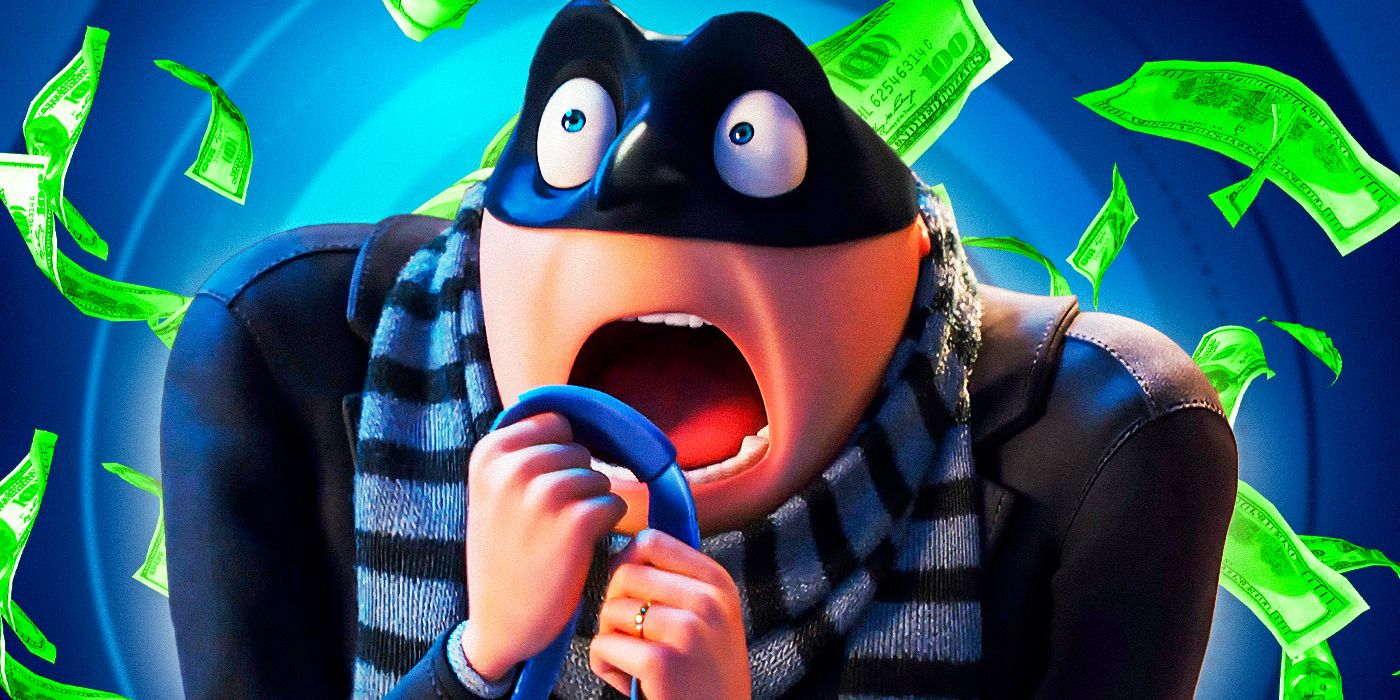 Gru from Despicable Me 4 screams in front of falling money.