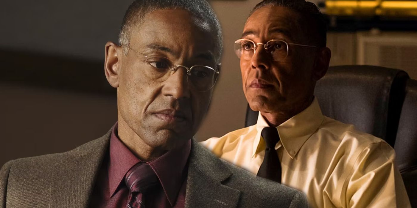 Giancarlo Esposito as Gus Fring looking angry next to Gus looking calm in Breaking Bad