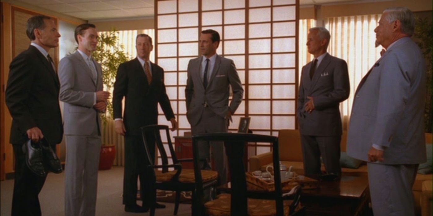 Don, Roger, and Bert with the London executives in Mad Men season 3 episode Guy Walks Into An Advertising Agency