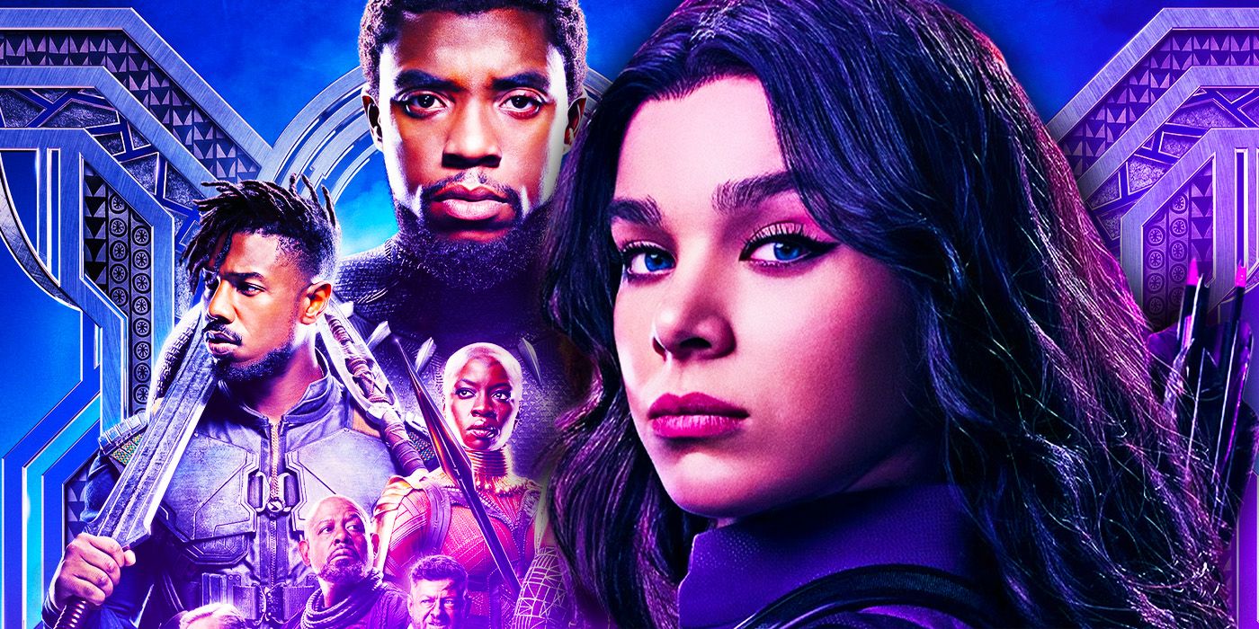 The Black Panther movie poster and Hailee Steinfeld as Kate Bishop in the MCU.