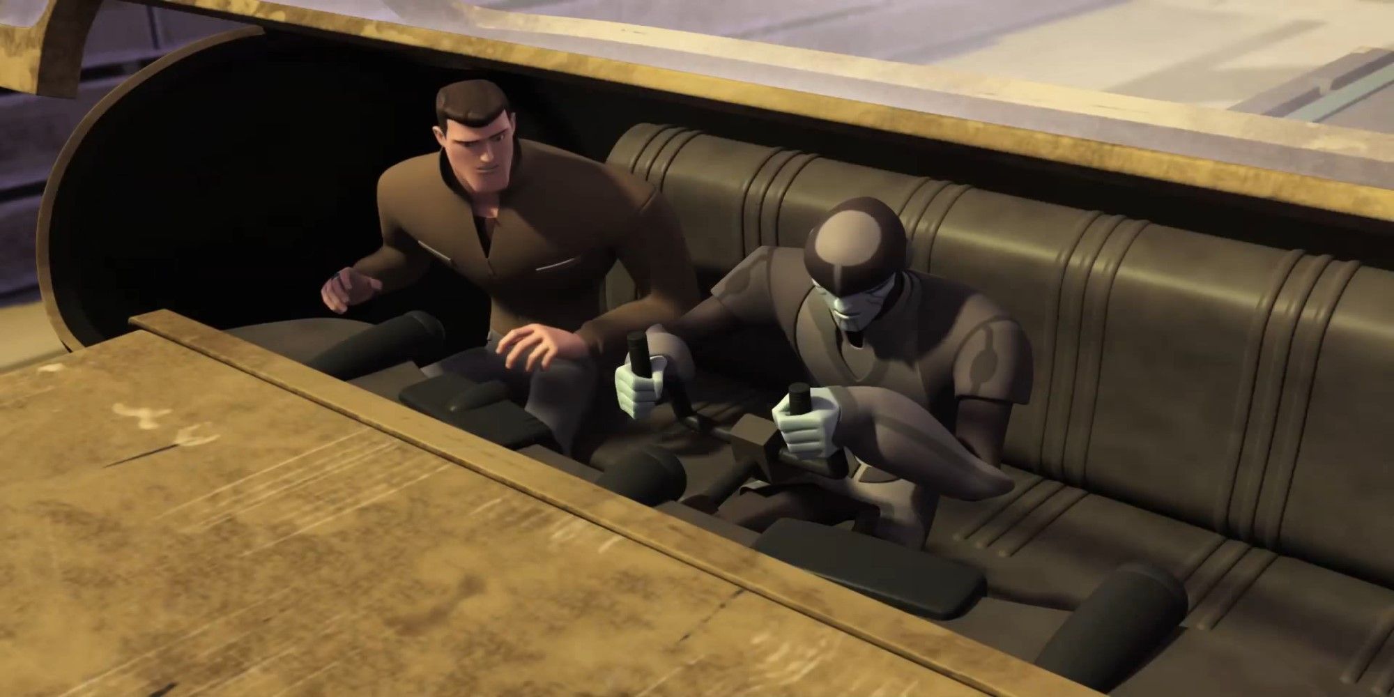 Hal Jordan e Razer tentam pilotar um veículo alienígena em Lanterna Verde, a série animada.