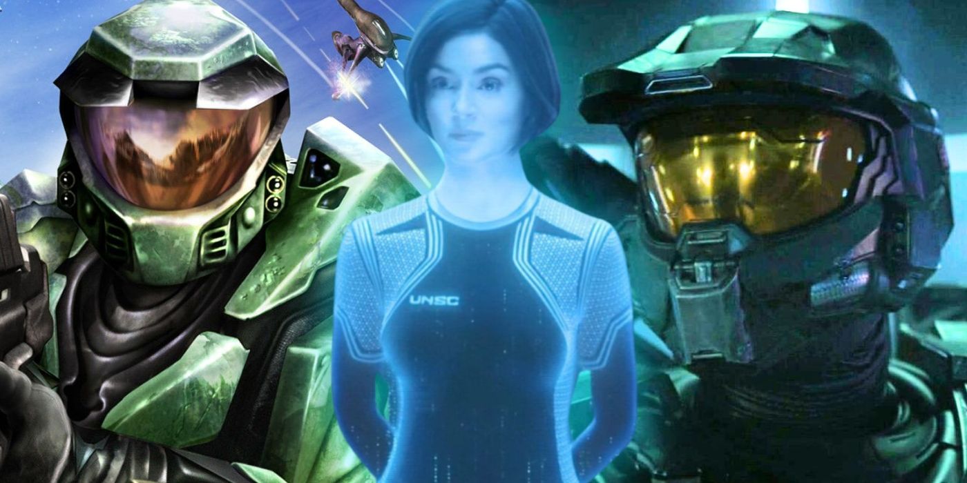 A collage image of Master Chief in Halo Combat Evolved and the Paramount+ series, separated by an image of Cortana - created by Tom Russell