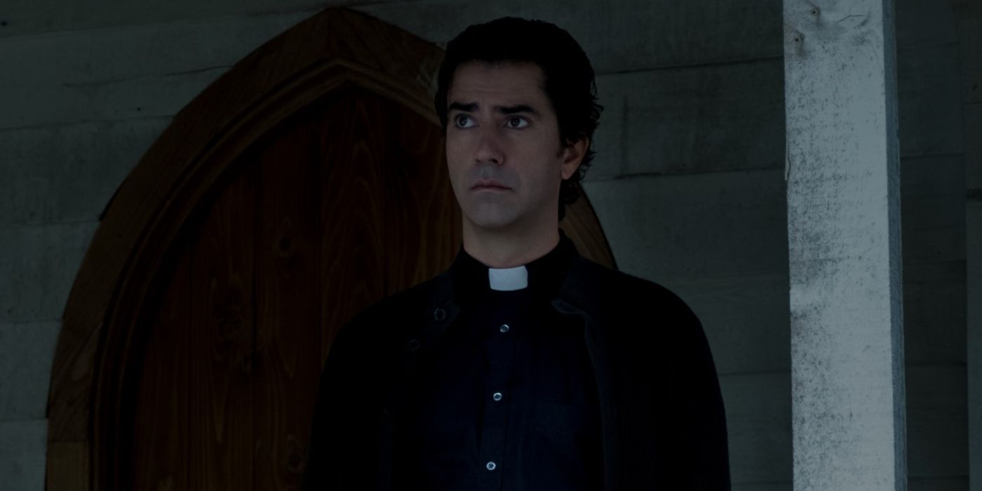 Hamish Linklater as Father Paul in Midnight Mass outside of the church