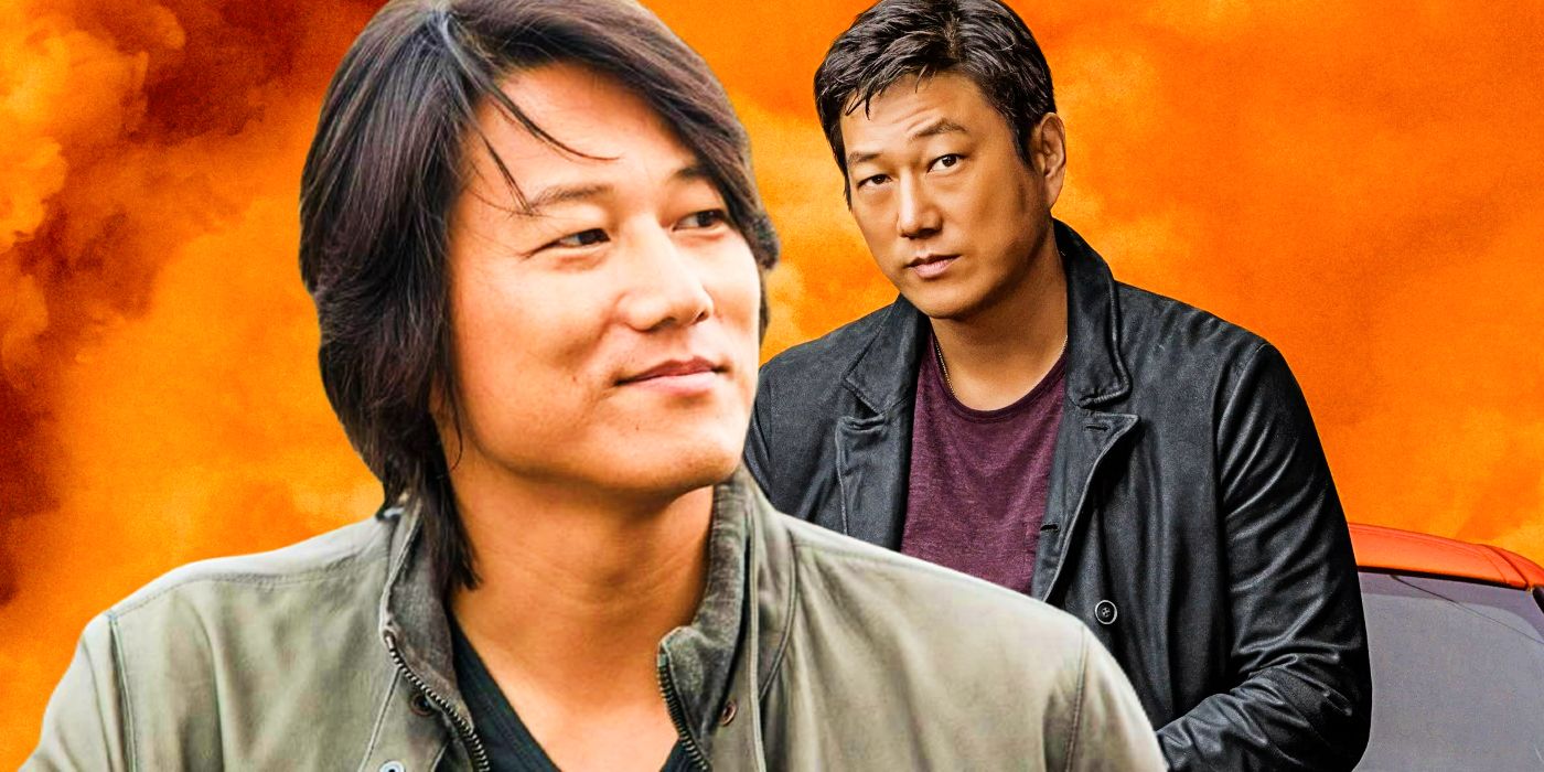 Sung Kang como Han encostado em um carro e sorrindo levemente contra um fundo laranja na franquia Velozes e Furiosos