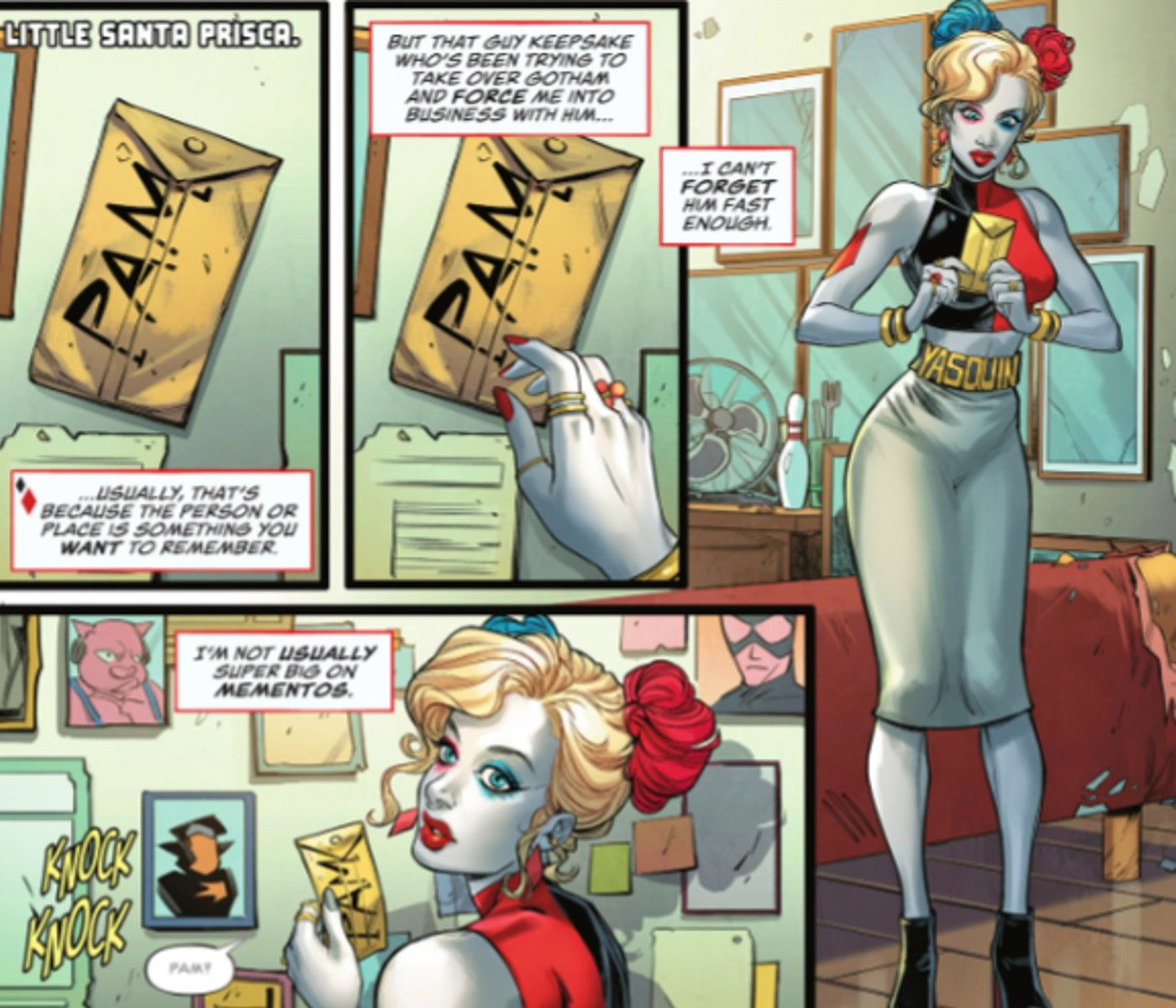 Harley Quinn em seu quarto vestindo uma fantasia de Yasquinn se preparando para a noite com Ivy no museu de arte. 