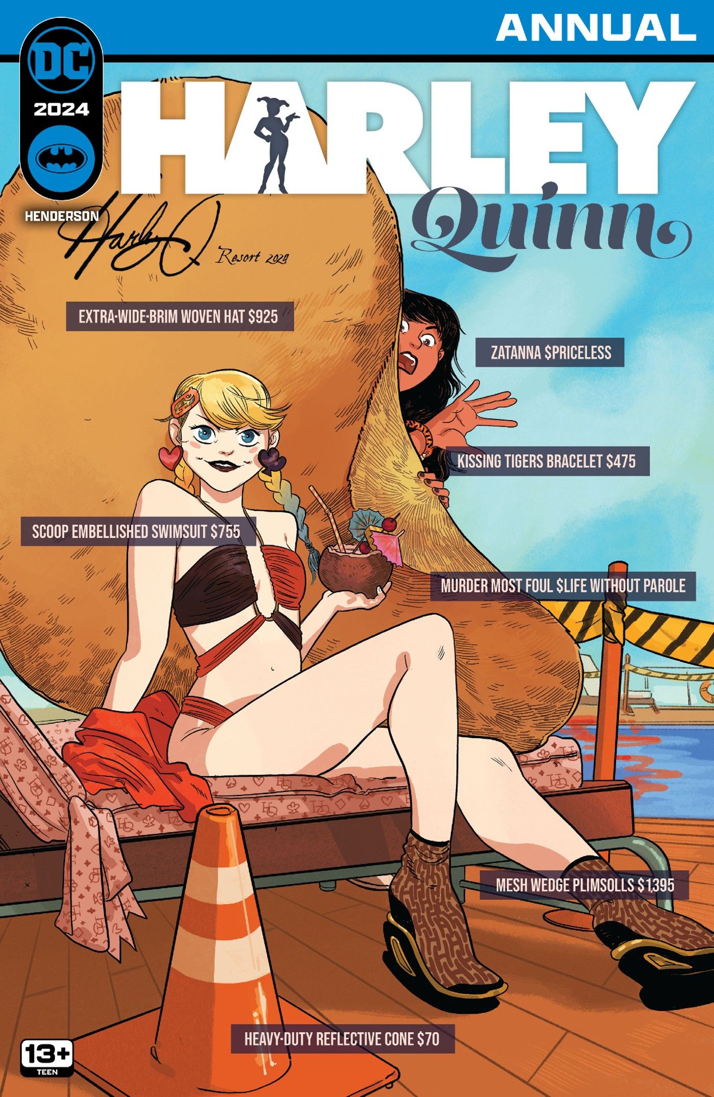 Harley Quinn em traje de banho com Zatanna espiando pela ponta do chapéu da Harley com etiquetas de preços em diversos itens de moda