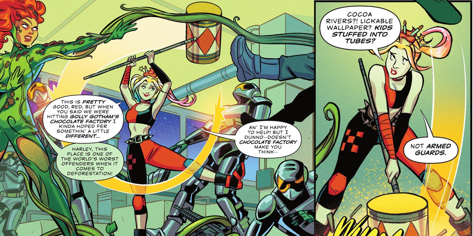 Harley Quinn #38 Page 12 panels - Harley is disappointed that the chocolate factory is full of armed guards and not a Wonka experience