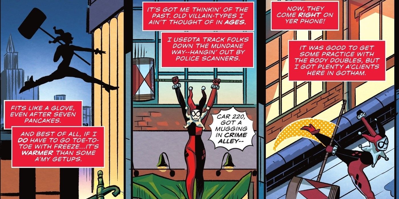 Três painéis de Harley Quinn saltando sobre telhados.
