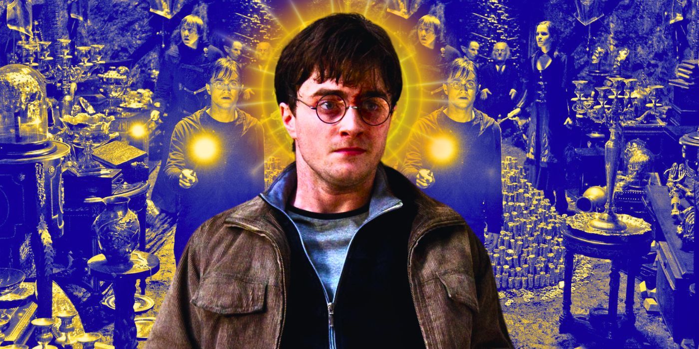 Daniel Radcliffe as Harry Potter in Deathly Hallows against a background featuring scenes from the movie