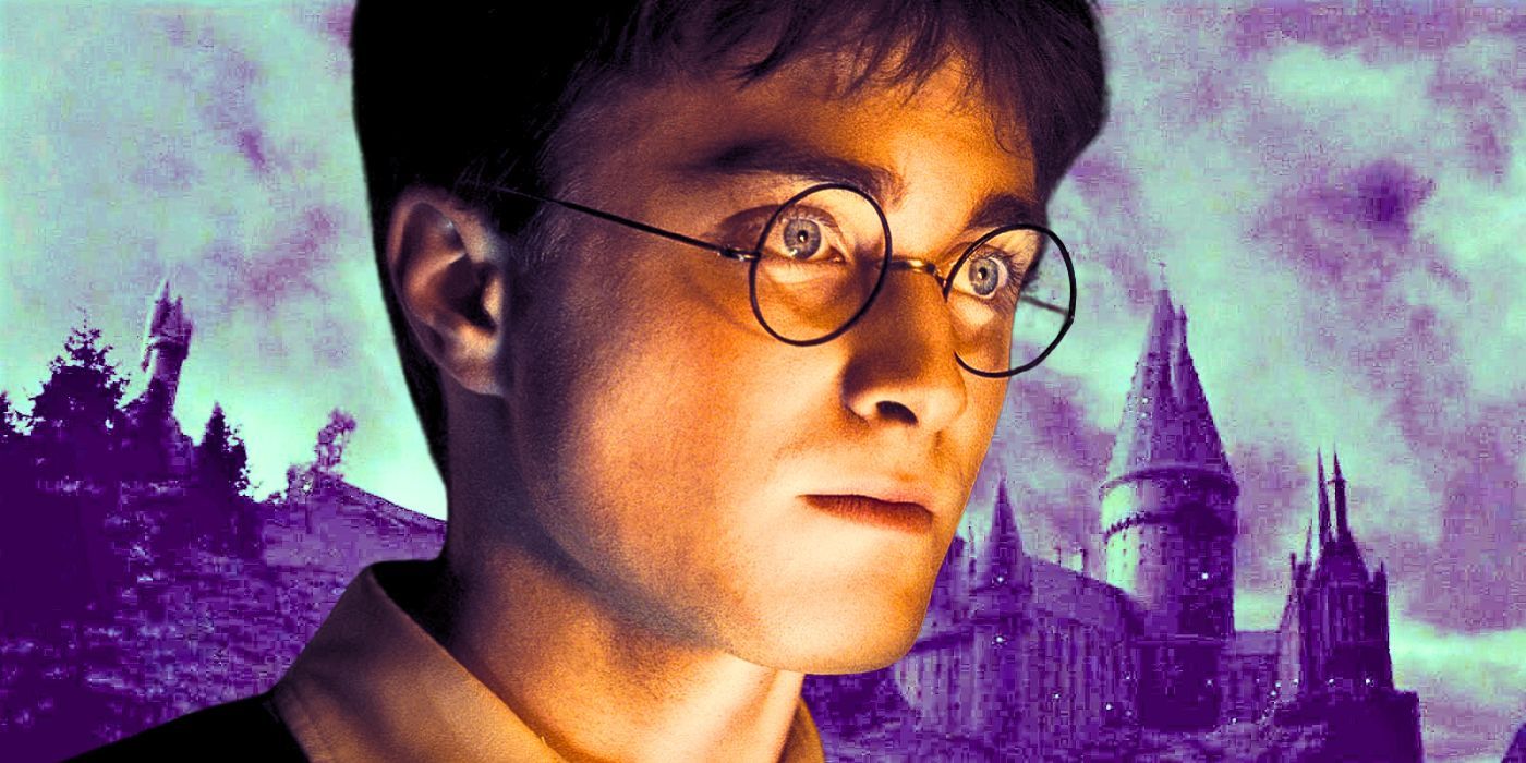 Daniel Radcliffe as Harry Potter in front of a picture of Hogwarts