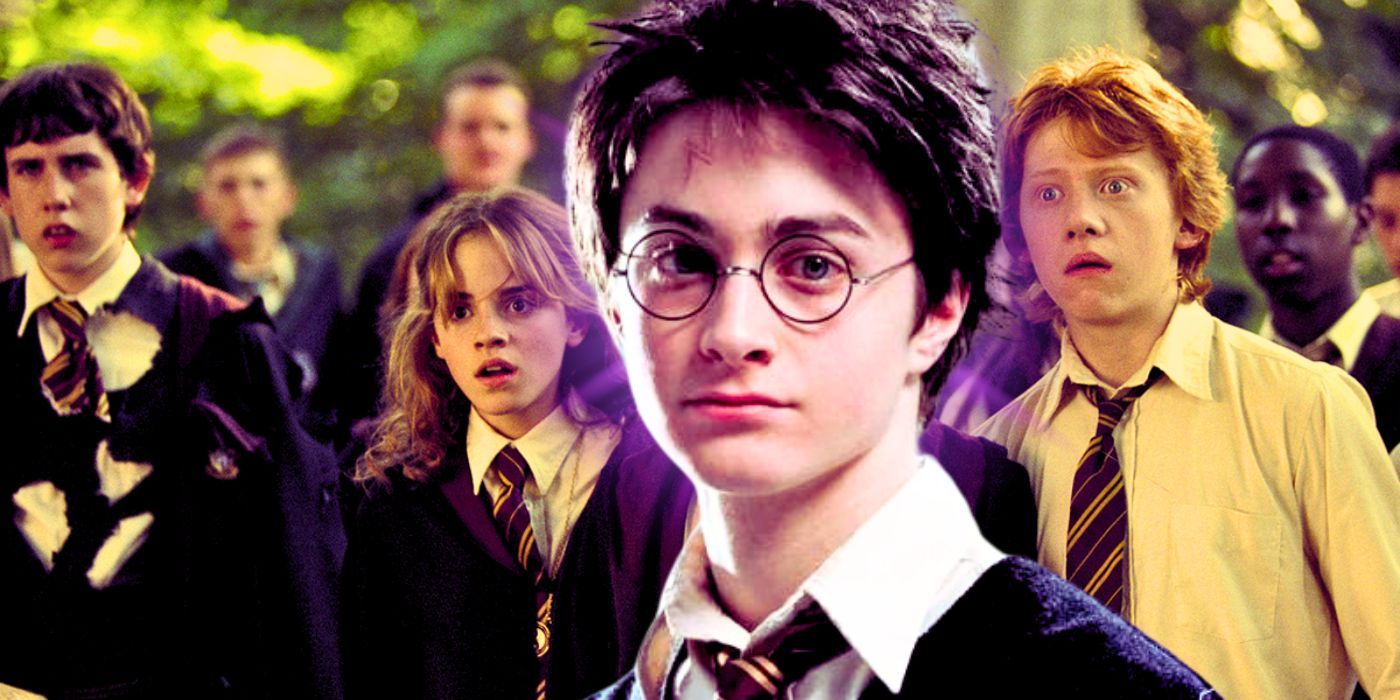 Daniel Radcliffe como Harry Potter na frente do elenco do Prisioneiro de Azkaban Hogwarts.