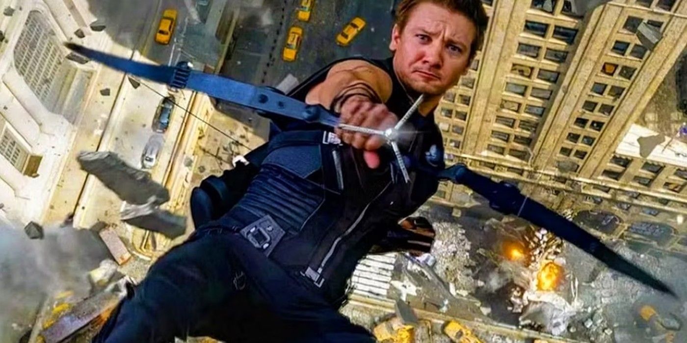 Hawkeye shoots a grabble arrow as he falls from a roof in The Avengers (2012)