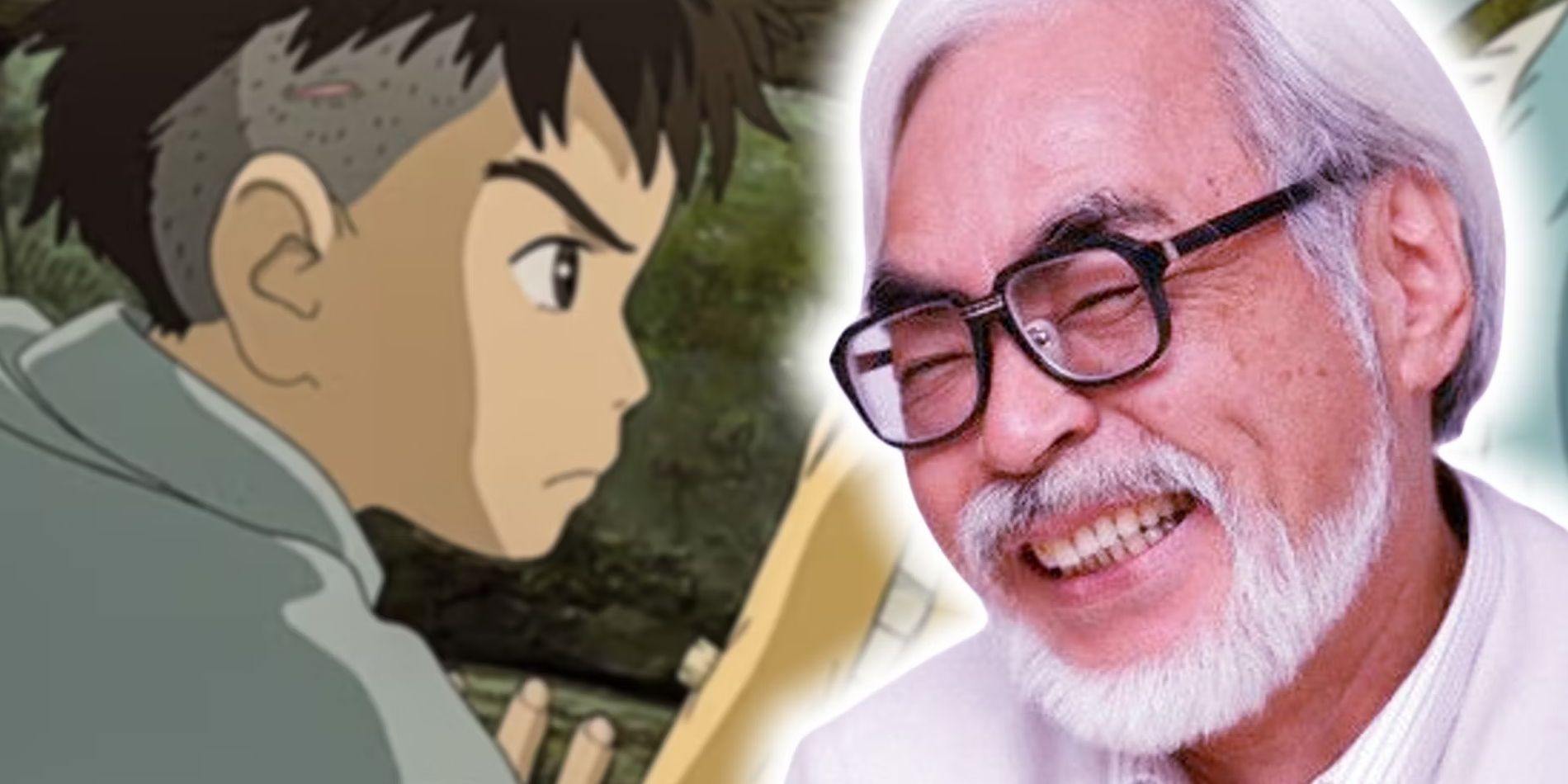 Hayao Miyazaki rindo com um pôster de O menino e a garça atrás dele-1