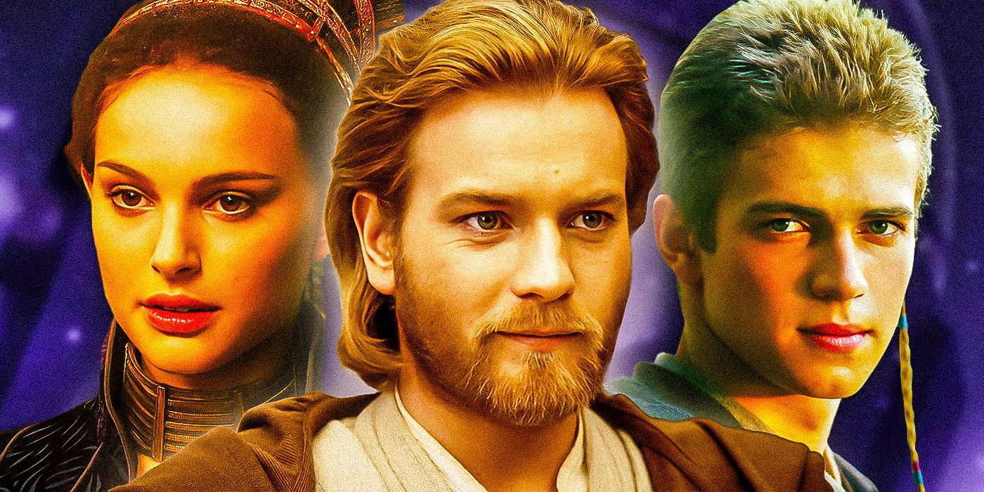 A combined image of Padme Amidala to the left, Obi-Wan Kenobi in the center, and Anakin Skywalker to the right all from Attack of the Clones over a purple background