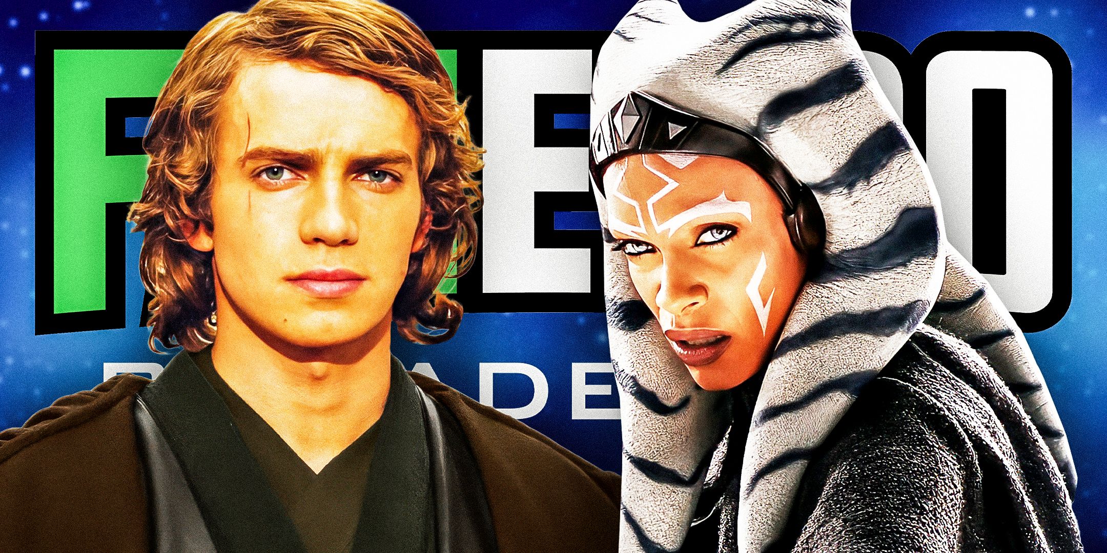 Hayden Christensen as Anakin Skywalker and Rosario Dawson as Ahsoka Tano both looking ahead seriously in front of the Fan Expo Philadelphia banner