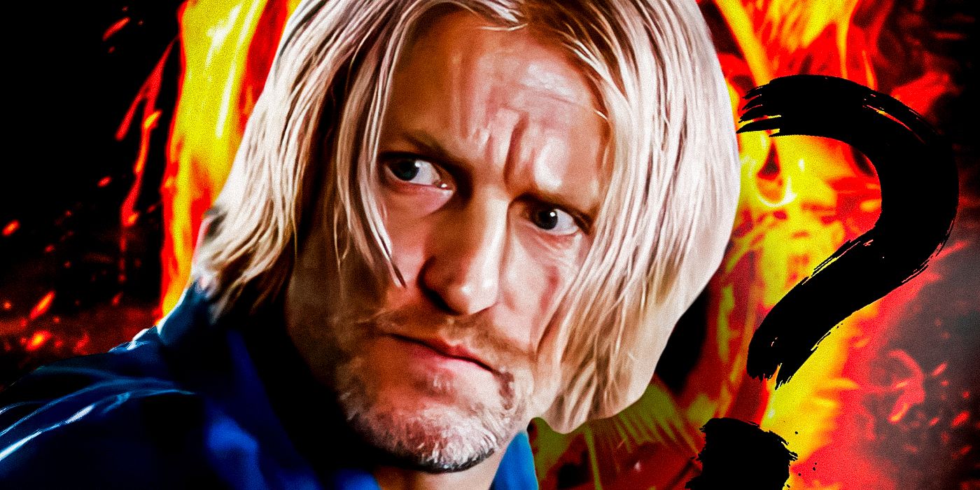 A composite image of Haymitch looking angrily in The Hunger Games in front of a red backdrop with question marks