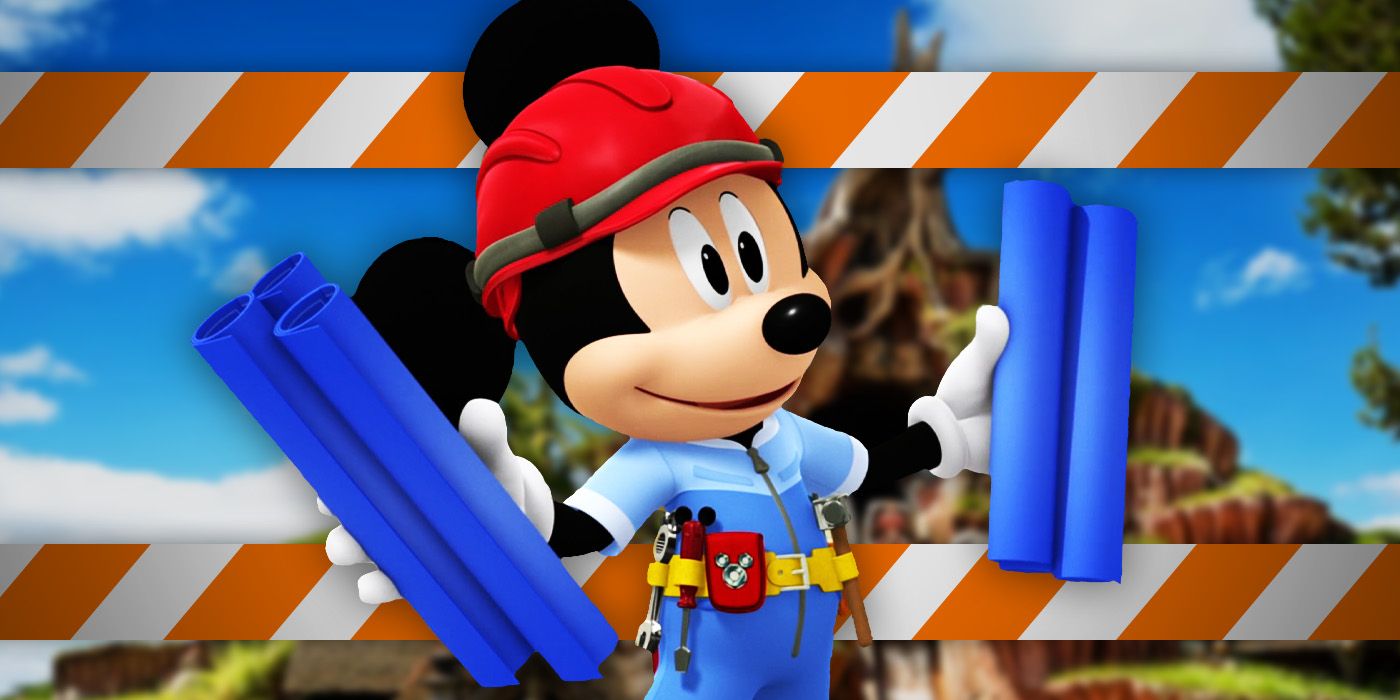 Mickey Mouse wearing a construction outfit in front of an image of Splash Mountain