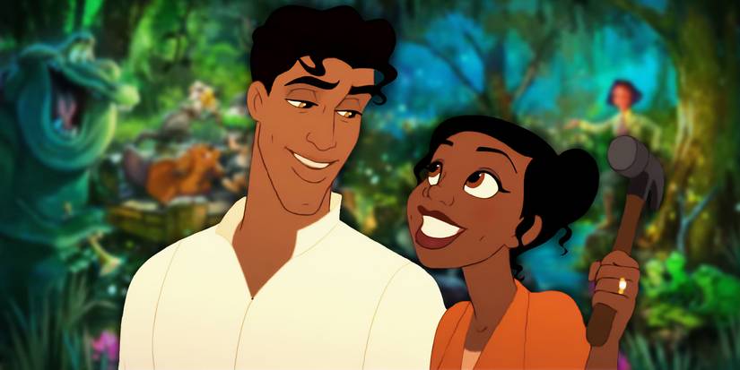 Prince Naveen smiles at Tiana as she holds a hammer in front of a bayou scene from The Princess and the Frog