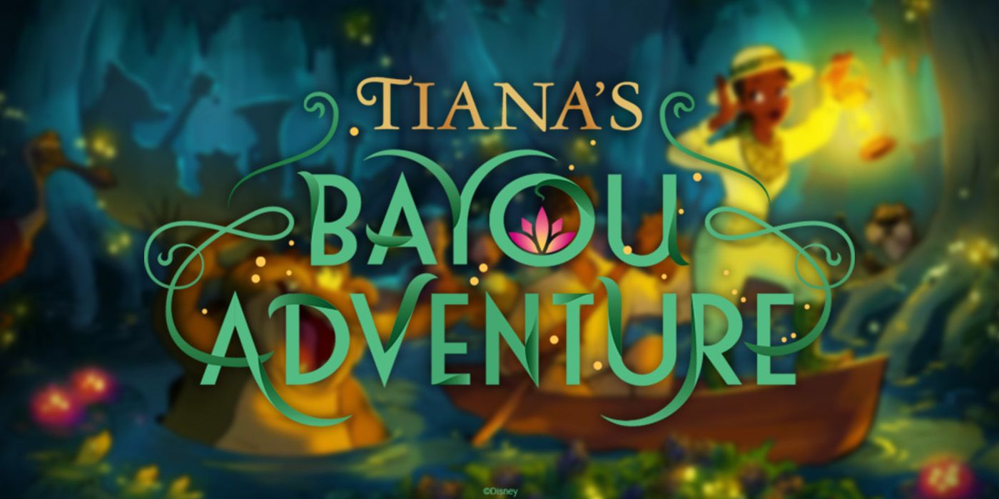 Tiana's Bayou Adventure logo over an image from the movie