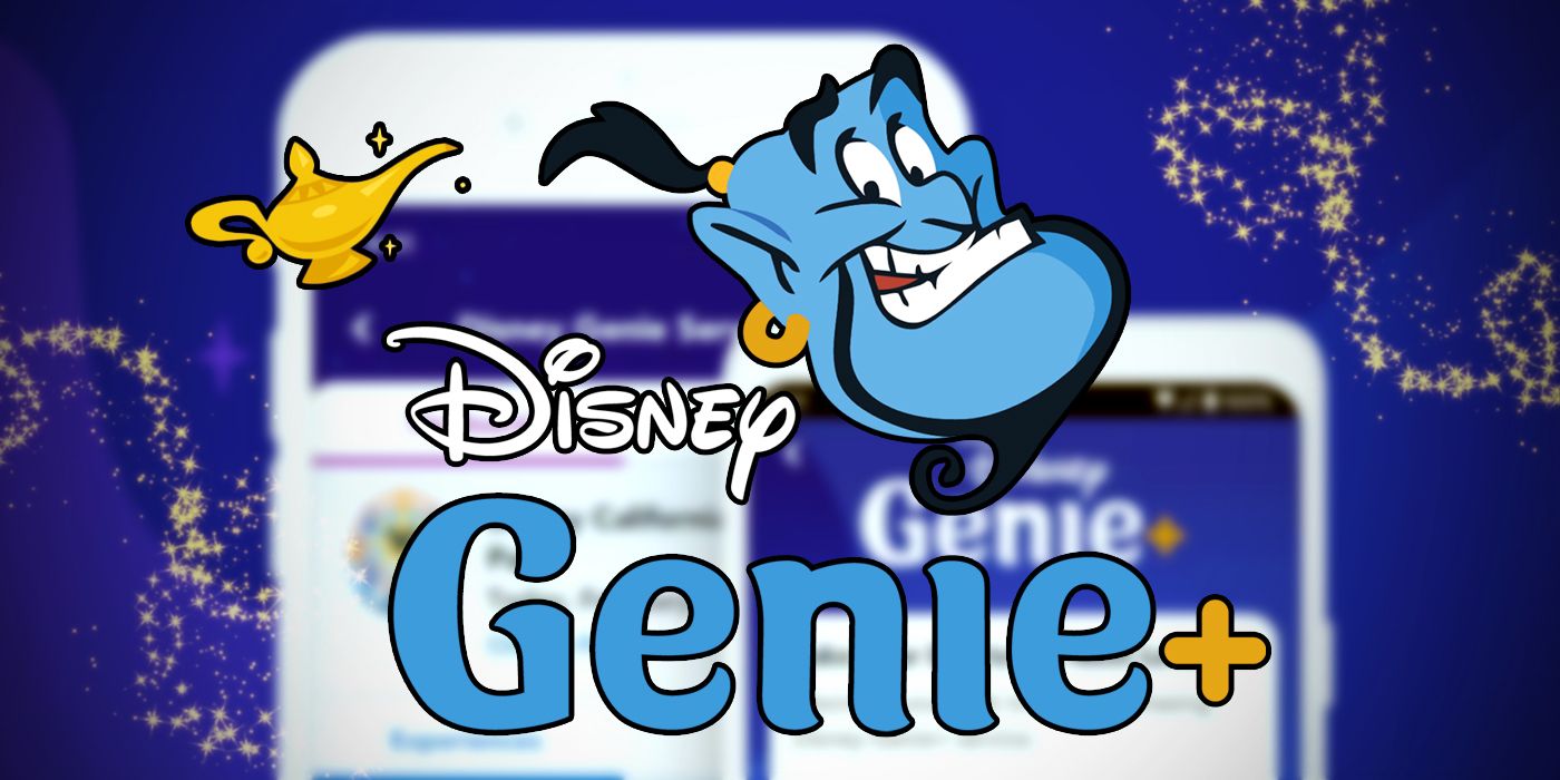 The Disney Genie+ logo in front of images of smart phones with Genie+ pulled up