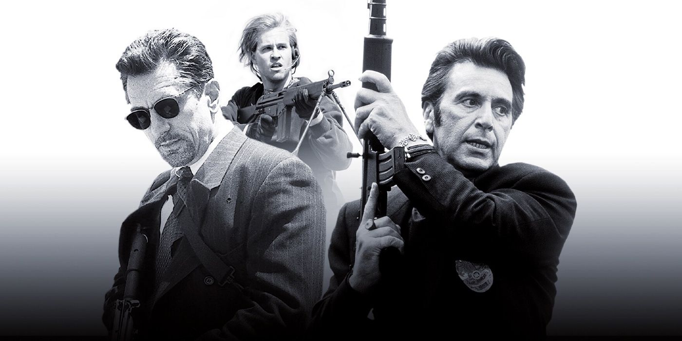 Robert De Niro, Al Pacino, and Val Kilmer hold big guns on the poster for 1995's Heat