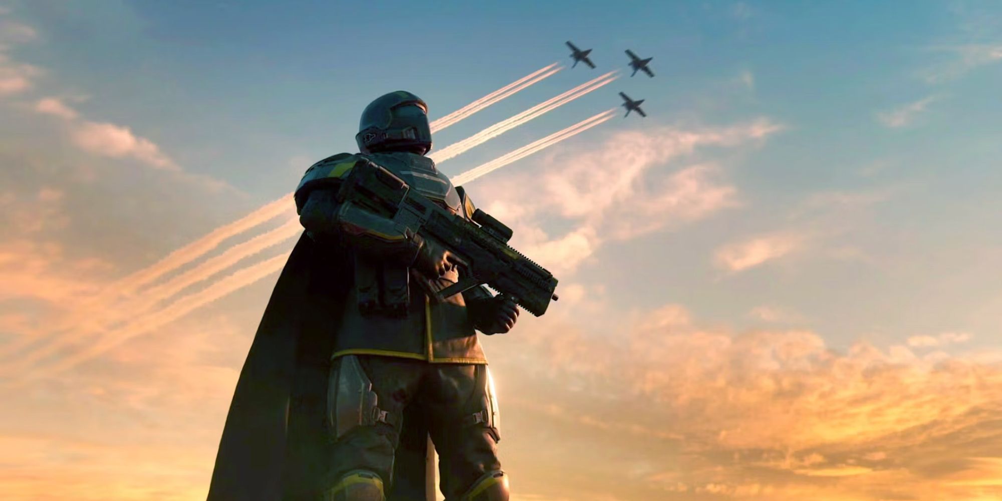 Helldivers 2 soldados em pé contra jatos voando em um céu azul.