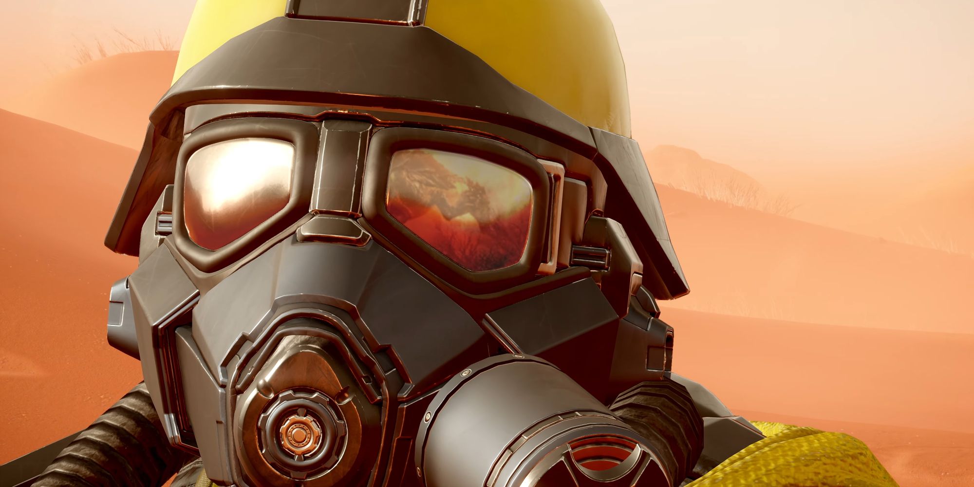 Um close no capacete de um Helldiver.  No reflexo de seu visor está um Carregador Terminid.