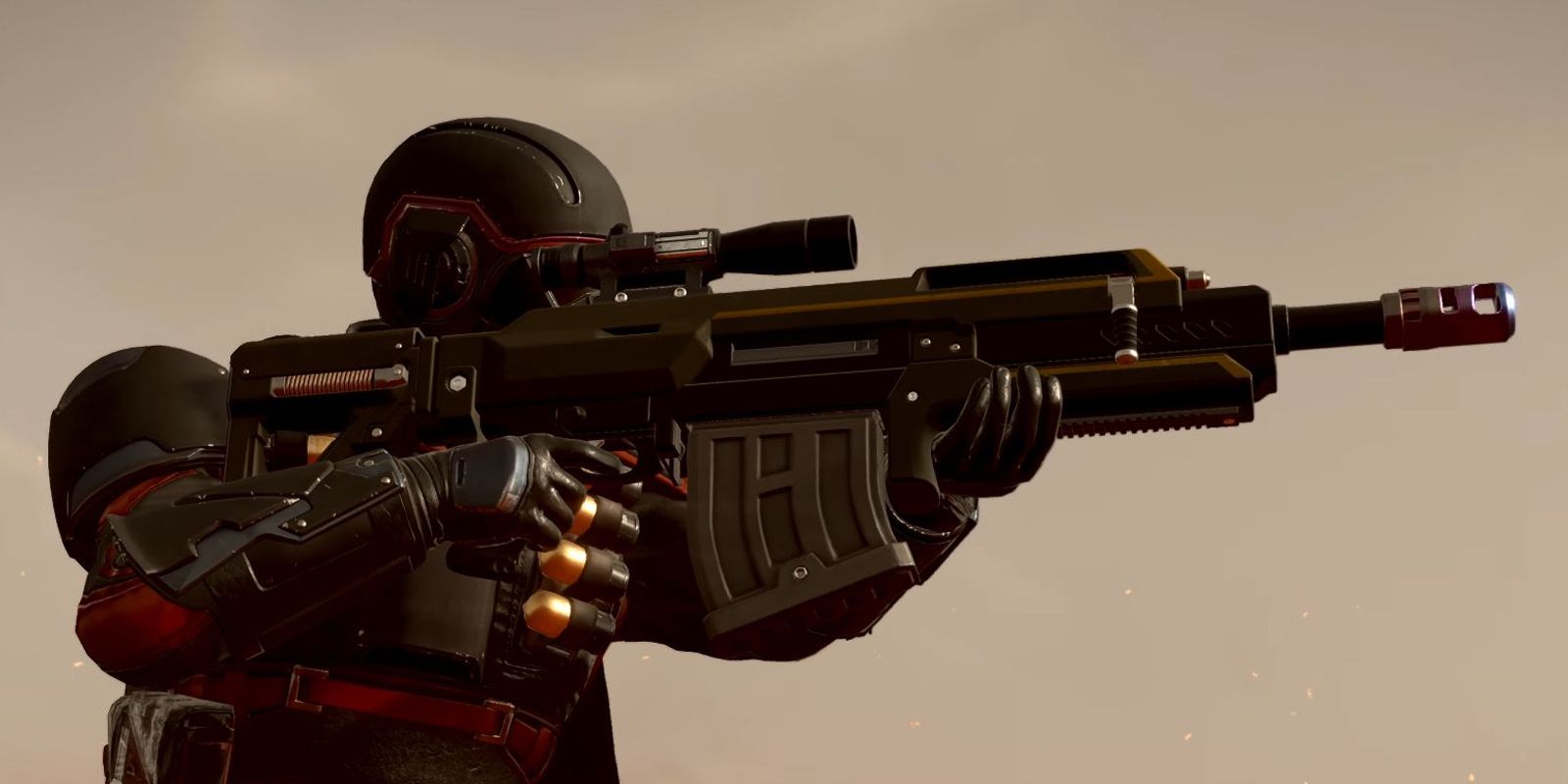 Helldivers 2 soldiers holding an Eruptor rifle ready to fire.