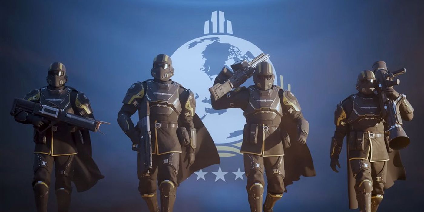 Four Helldivers with a Super Earth flag behind them