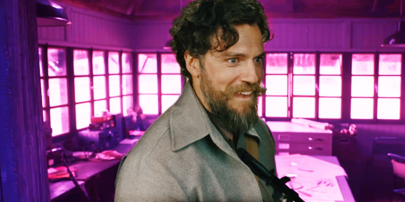 Henry Cavill in The Ministry of Ungentlemanly Warfare smiling with a purple background