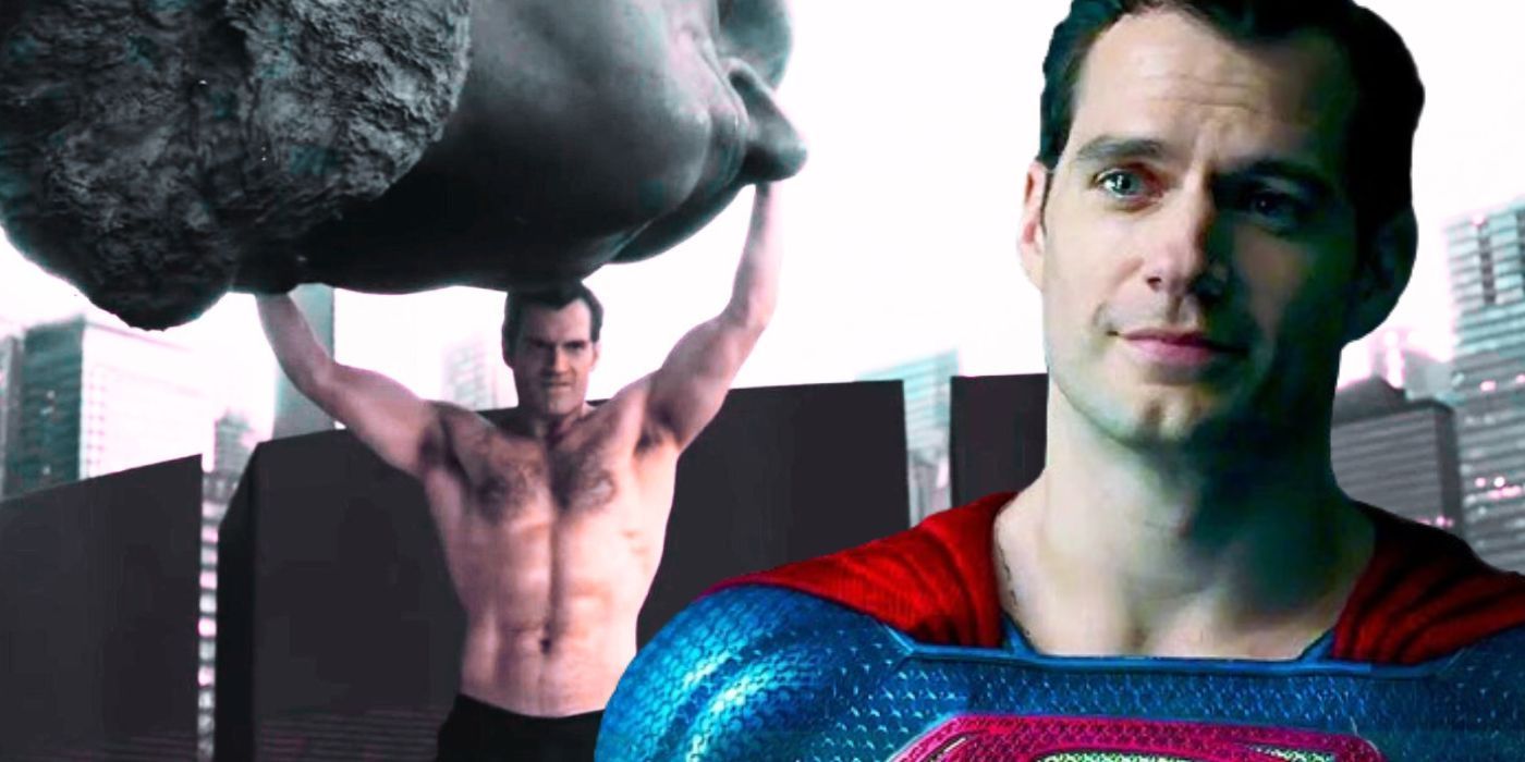 Henry Cavill lifting a statue in Justice League and smiling while wearing a Superman costume
