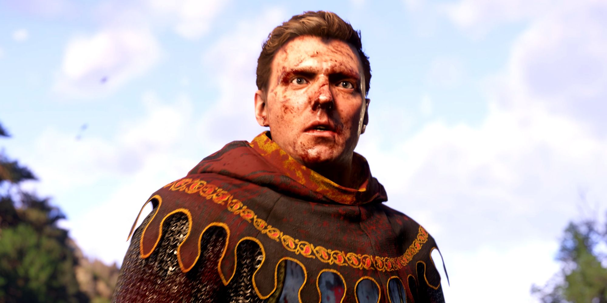 Henry, a squire covered in blood, looking forward in Kingdom Come Deliverance 2.