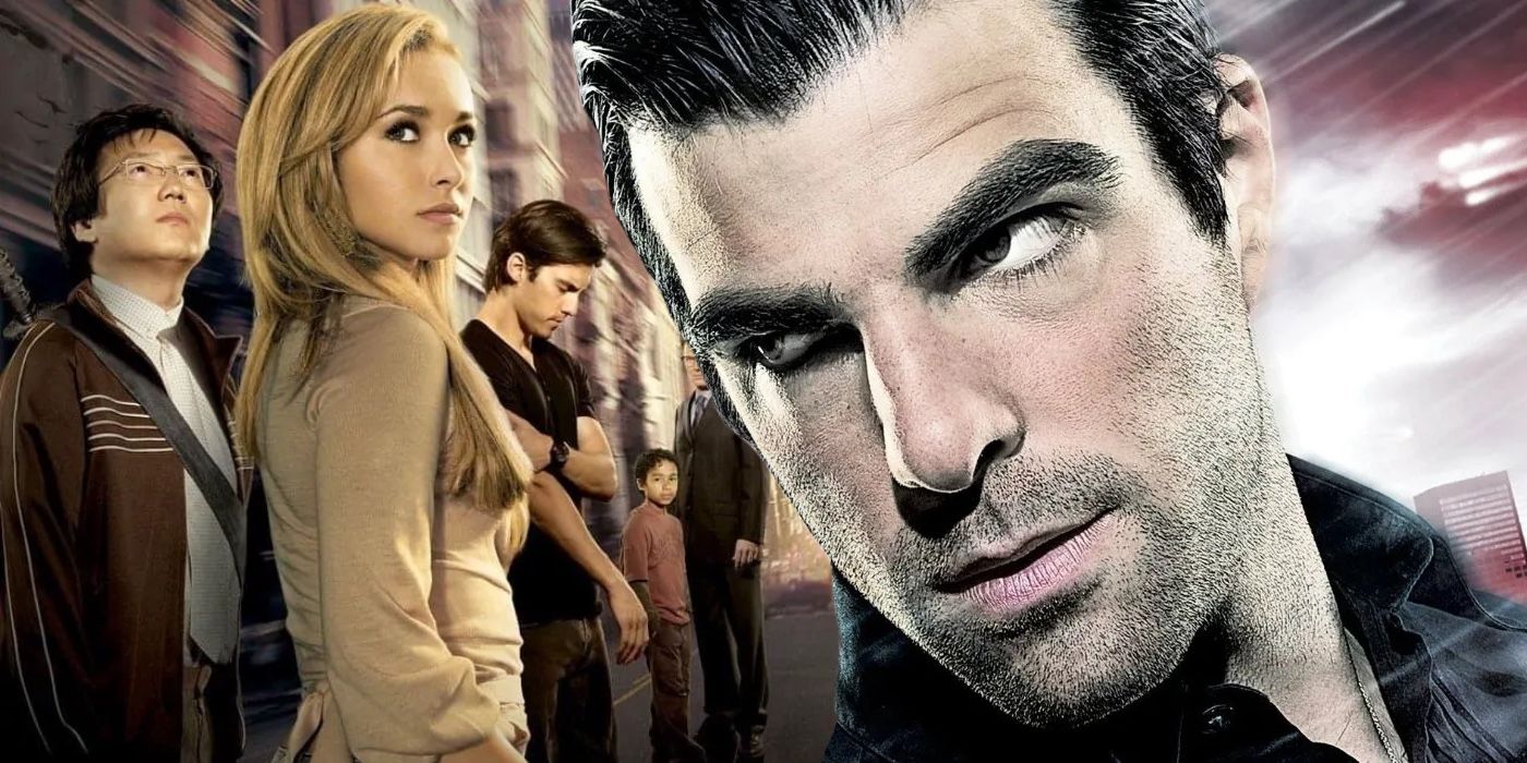 A composite image of Zachary Quinto in front of the cast of Heroes