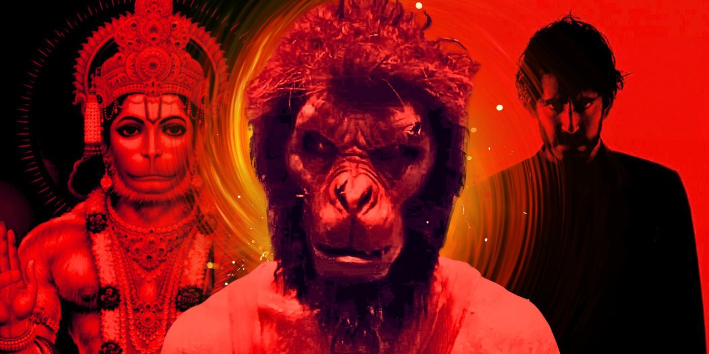 Composite image of Kid wearing a monkey mask on top of Lord Hanuman and Kid standing against the red background of Monkey Man