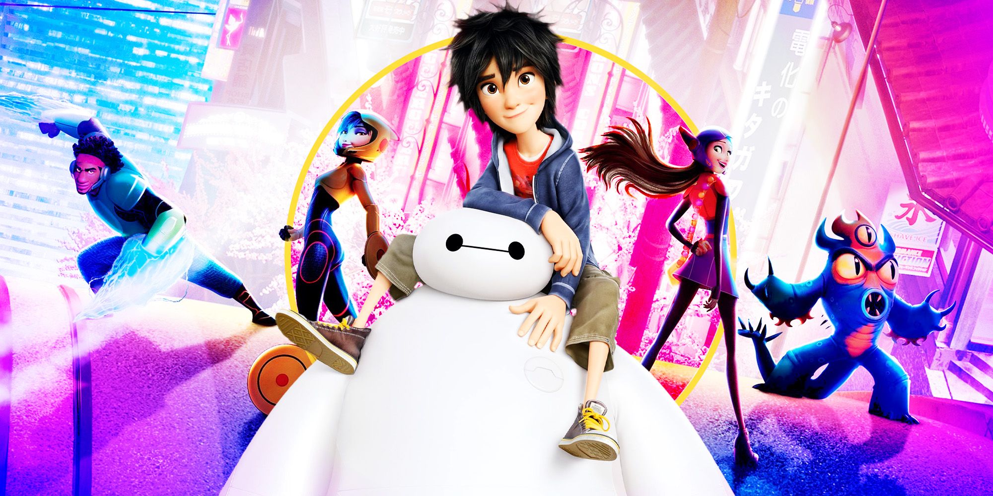 Hiro and Baymax with the other super characters from Big Hero 6