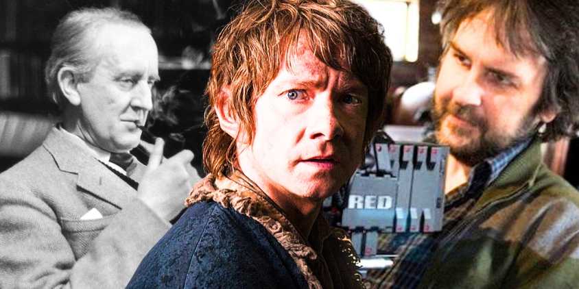 A collage image of author J.R.R. Tolkien and director Peter Jackson, separated by Martin Freeman as Bilbo Baggins - created by Tom Russell